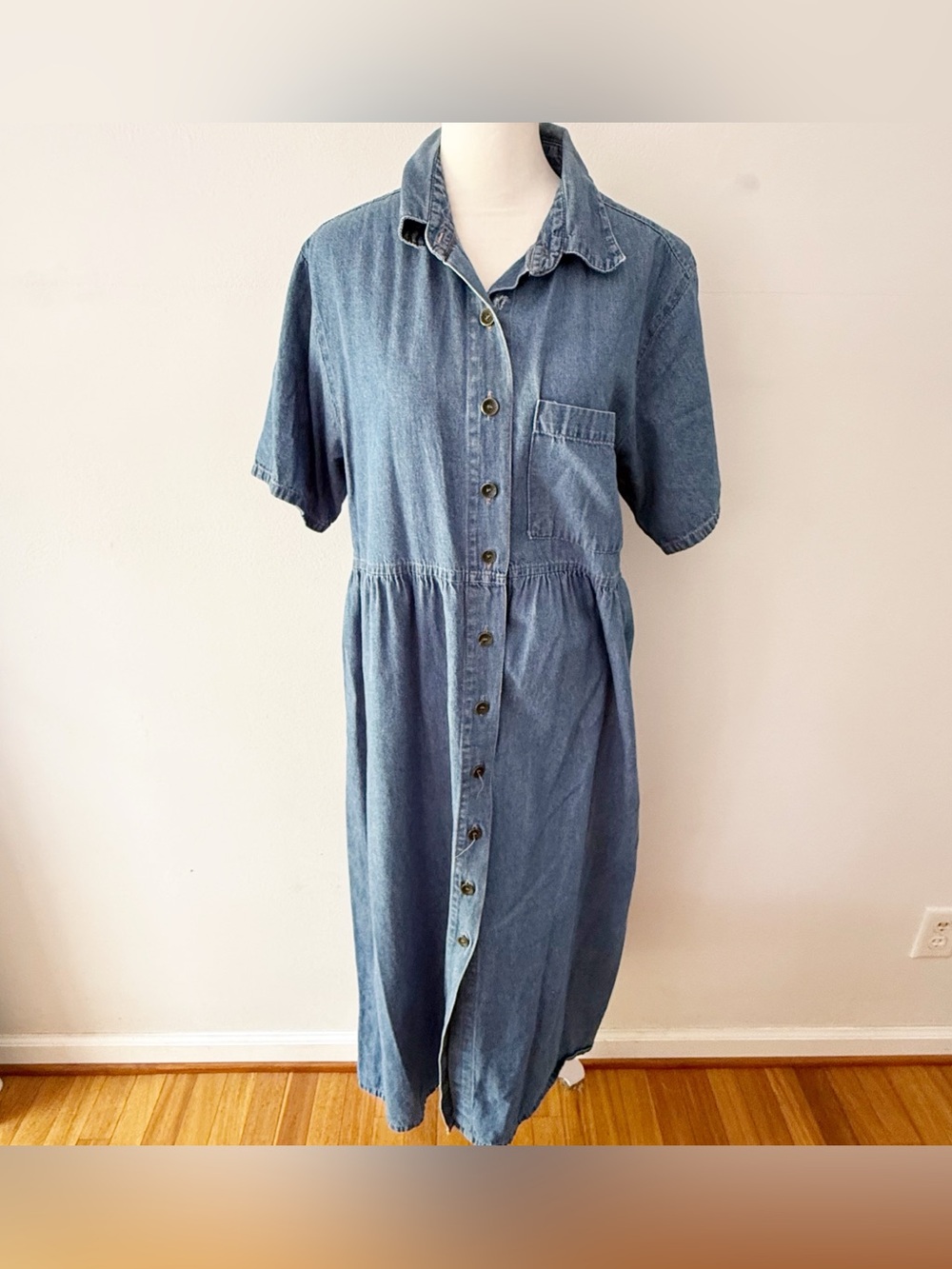 Vintage Women 90s 100% Cotton Denim Maxi Dress Large Classic Timeless Retro